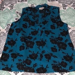 Blue Sleeveless Blouse with Black Flowers